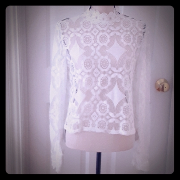 Boho Long Sleeve Stand Collar Lace Blouse White - Picture 6 of 8